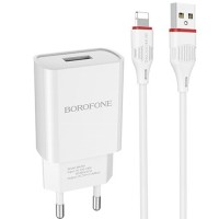 Адаптер питания Borofone BA20A Sharp White зарядка 2.1А 1 USB-порт плюс кабель для Apple, белый